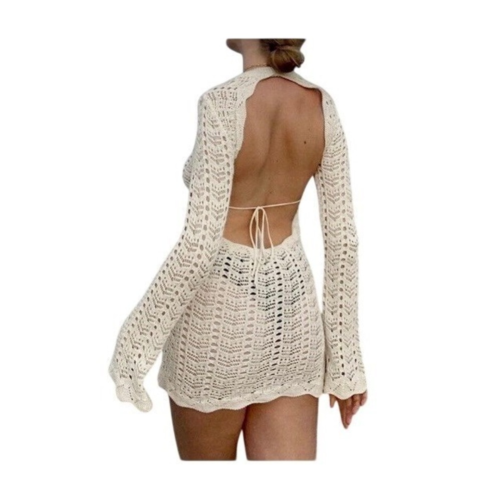 Nasty Gal Ecru Crochet Knitted Open Back Mini Dress Long Sleeve Boho Size 4 NEW